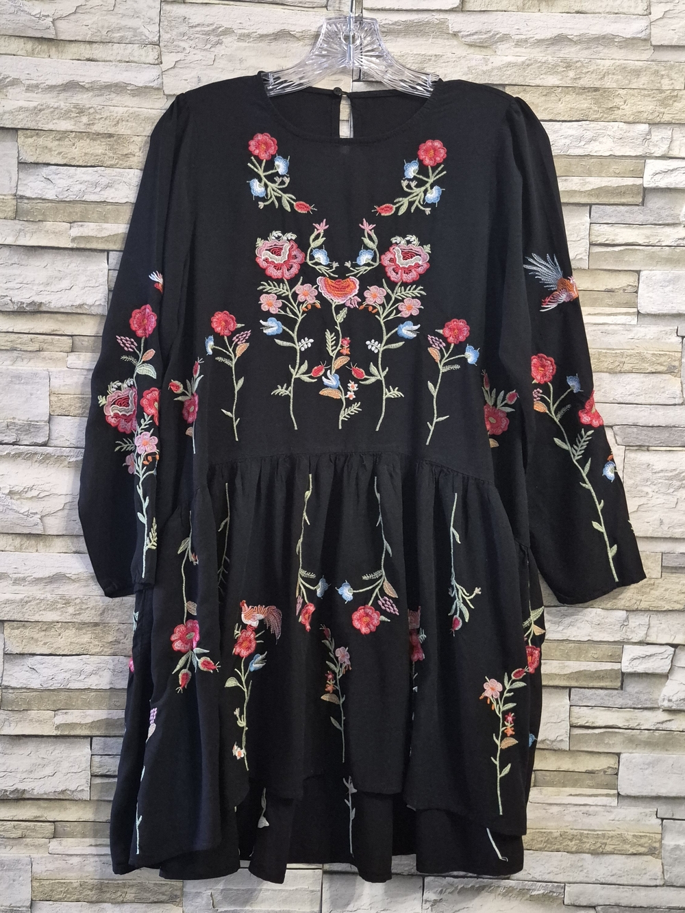 ​Floral Embroidered Dress Women M Black Boho Cottagecore Mini Long Sleeve Chic
